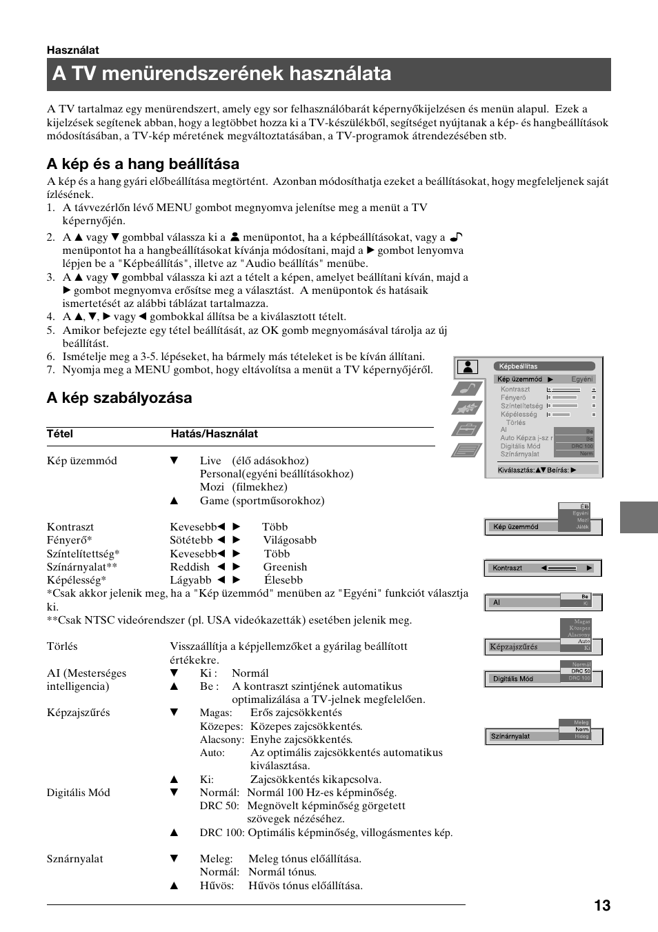 A tv menürendszerének használata, A kép és a hang beállítása, A kép szabályozása | Sony KV-34FQ75K User Manual | Page 95 / 160