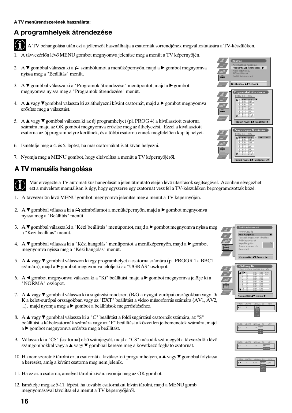 A programhelyek átrendezése, A tv manuális hangolása | Sony KV-34FQ75K User Manual | Page 98 / 160