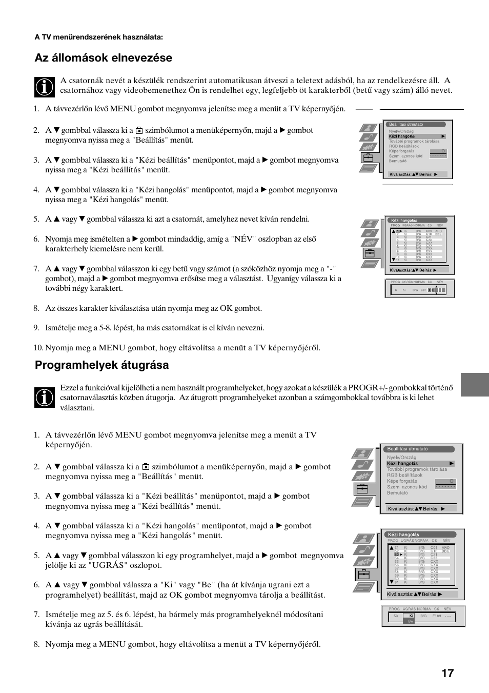 Az állomások elnevezése, Programhelyek átugrása | Sony KV-34FQ75K User Manual | Page 99 / 160