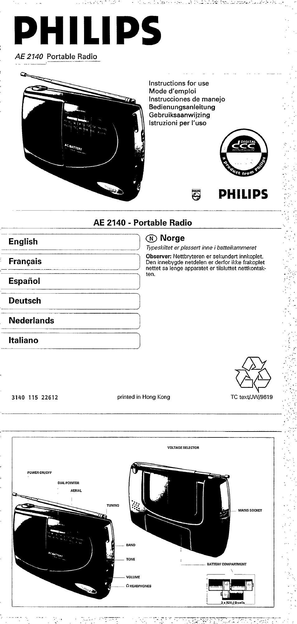 Philips, Ae 2140 - portable radio, English | Français, Español, Deutsch, Nederlands, Italiano, Ñ) norge | Philips AE 2140 User Manual | Page 3 / 5