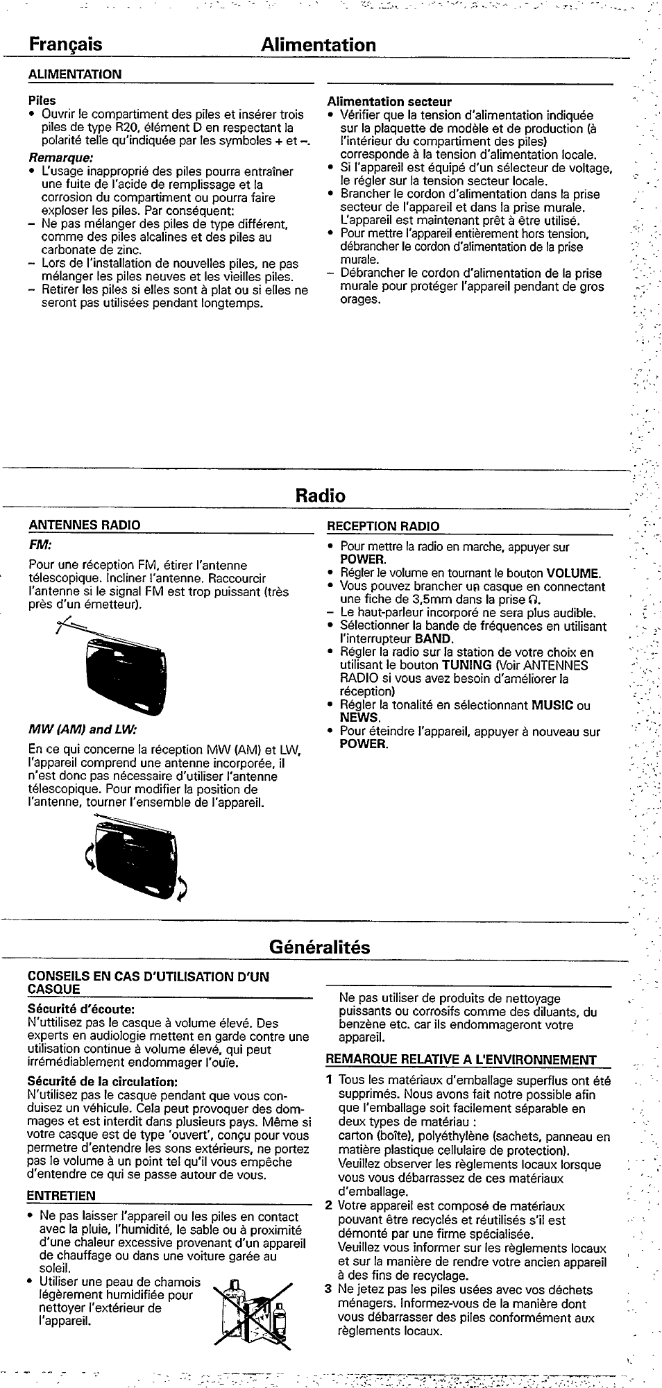 Alimentation, Piles, Alimentation secteur | Radio, Antennes radio, Reception radio, Généralités, Conseils en cas d'utilisation d'un casque, Entretien, Remarque relative a l'environnement | Philips AE 2140 User Manual | Page 4 / 5