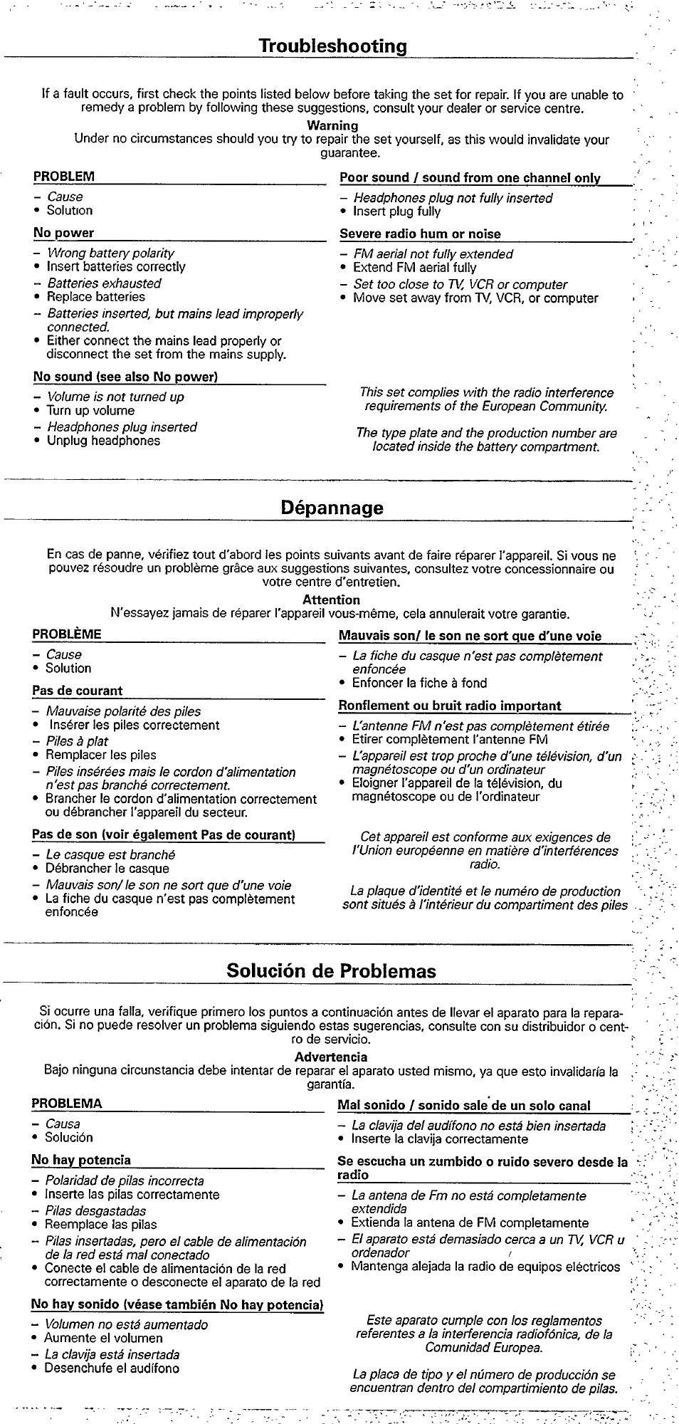 Troubleshooting, Dépannage, Solución de problemas | Philips AE 2140 User Manual | Page 5 / 5