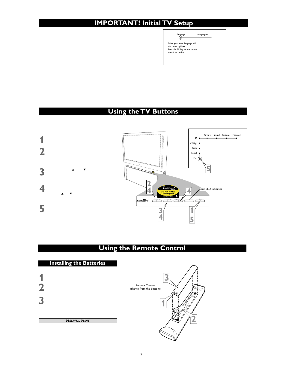 Using the tv buttons using the remote control, Important! initial tv setup | Philips 55PP9753/17 User Manual | Page 3 / 8