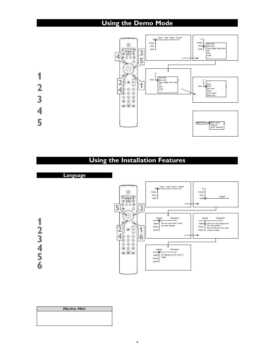 Using the demo mode, Using the installation features, Language | Philips 55PP9753/17 User Manual | Page 6 / 8