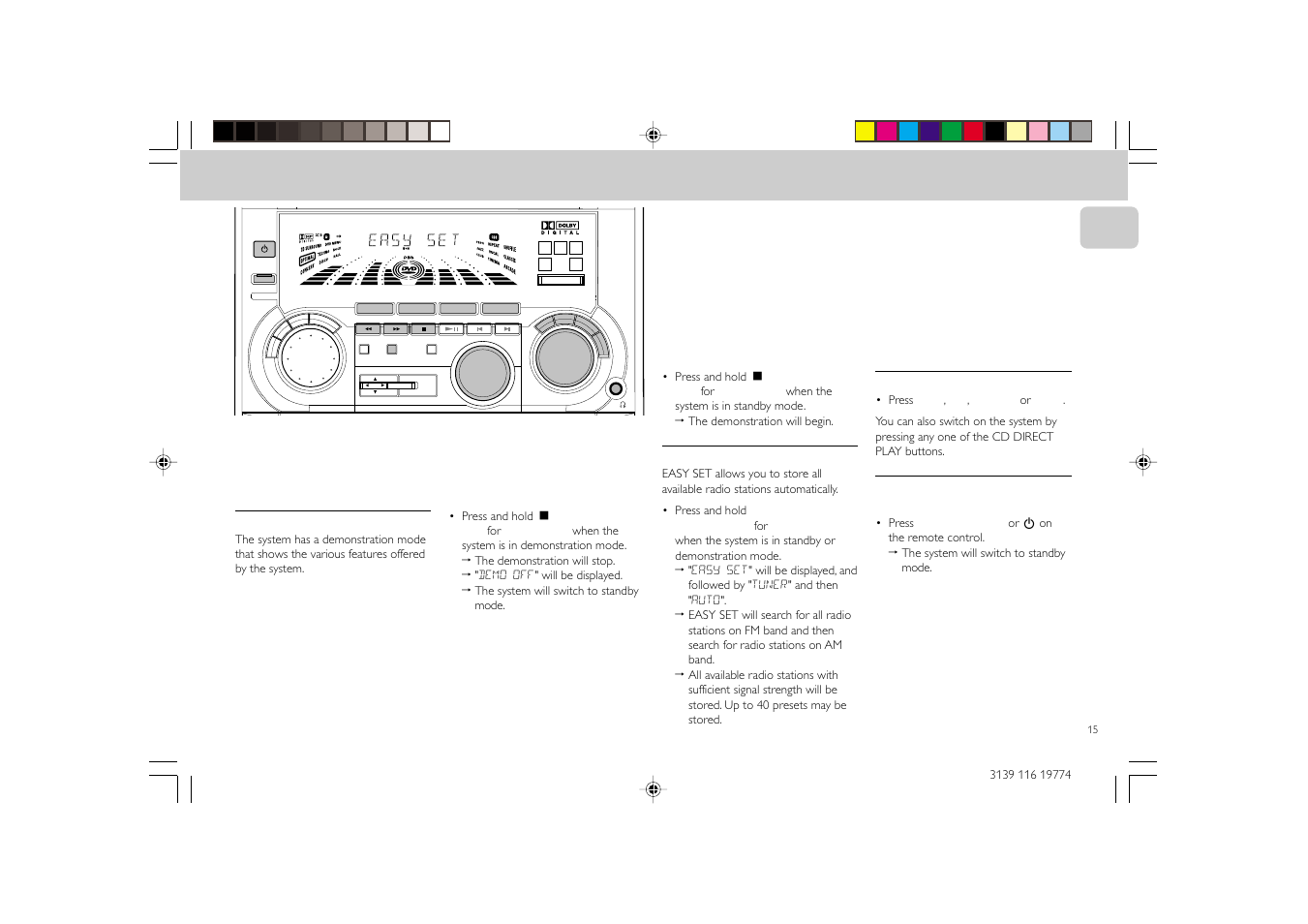 Operating the system, Demonstration mode, Easy set | Switching the system on, Switching the system to standby mode | Philips FW-D5D User Manual | Page 15 / 43