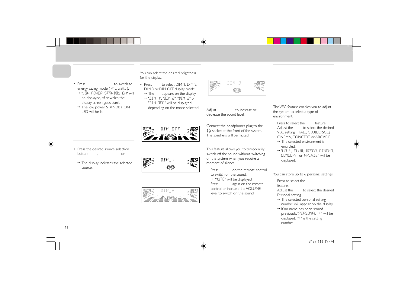 Operating the system, Switching the system to power save mode, Selecting the source | Dim mode, Volume control, Sound control | Philips FW-D5D User Manual | Page 16 / 43