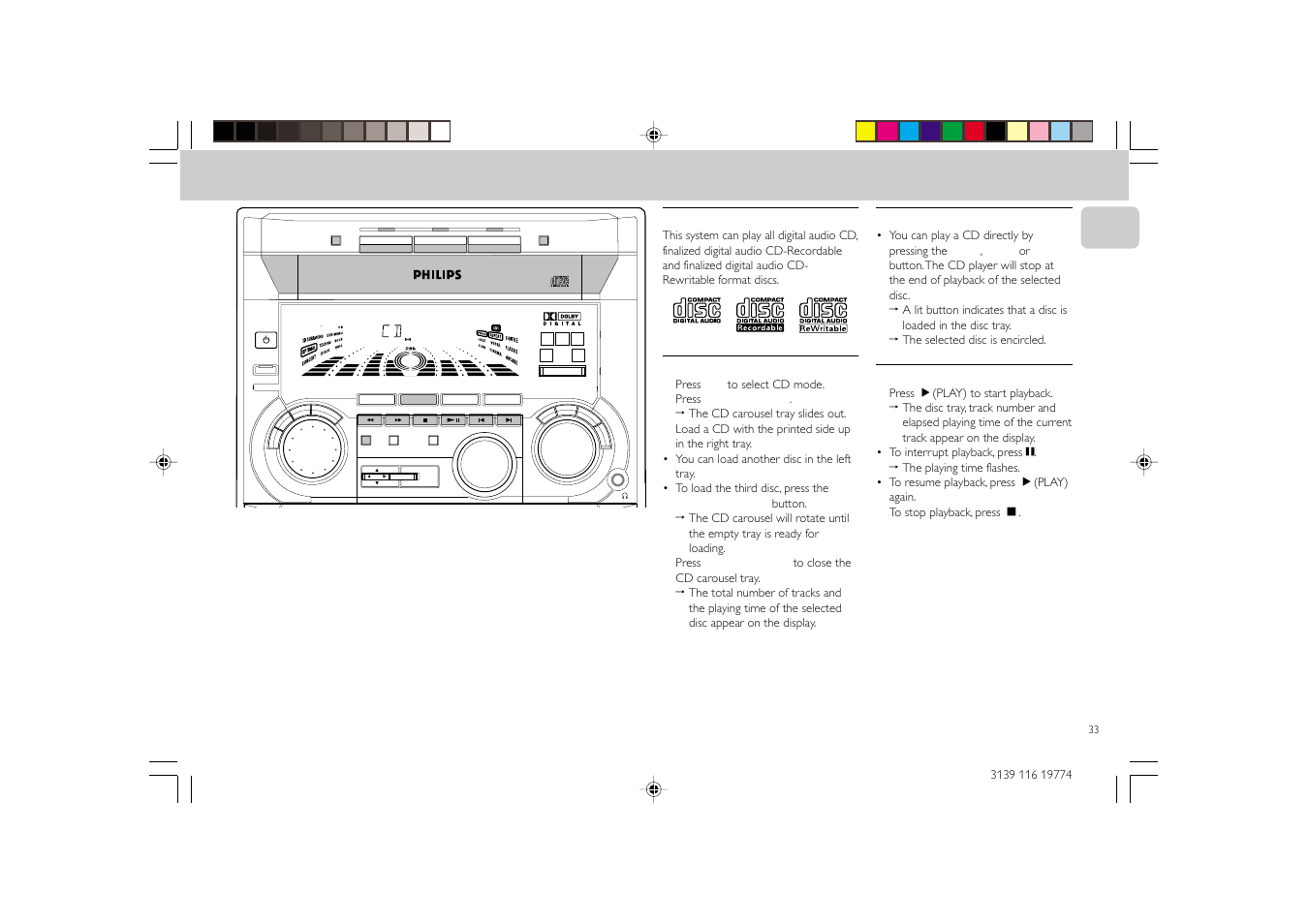 Discs for playback, Loading the cd changer, Cd direct play | Playing a cd, English | Philips FW-D5D User Manual | Page 33 / 43