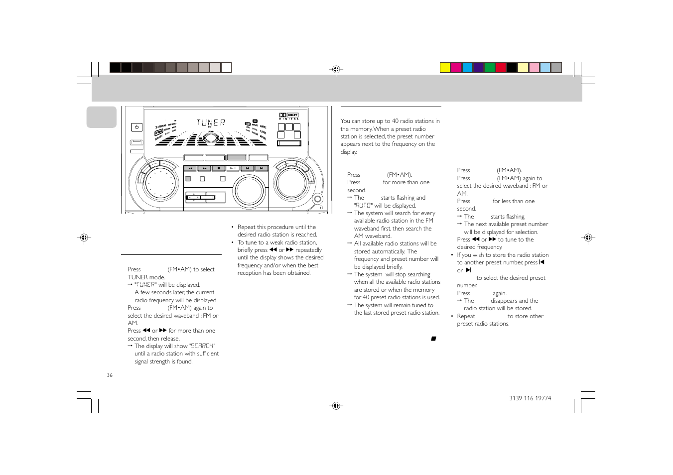 Tuner, Tuning to radio stations, Storing preset stations | Philips FW-D5D User Manual | Page 36 / 43