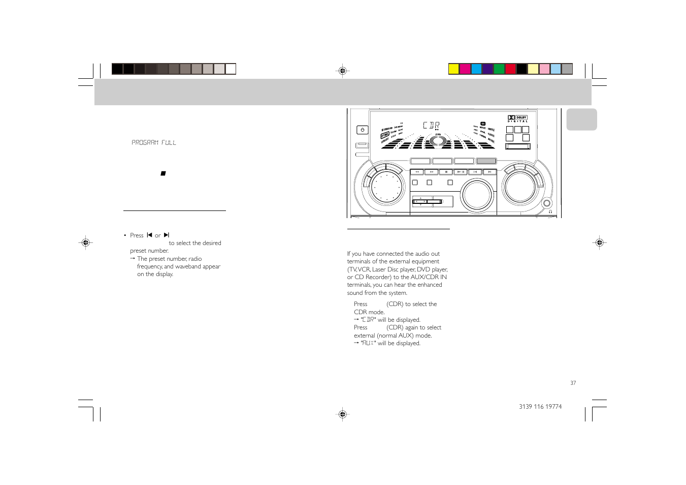 Tuner aux/cdr, Selecting external equipment, Tuning to preset radio stations | English | Philips FW-D5D User Manual | Page 37 / 43