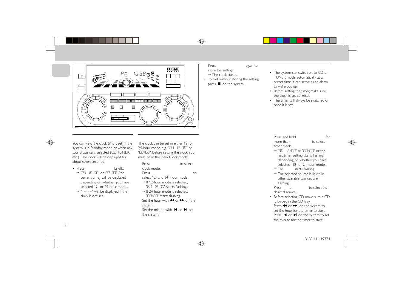 Clock timer, View clock, Clock setting | Timer setting, English | Philips FW-D5D User Manual | Page 38 / 43