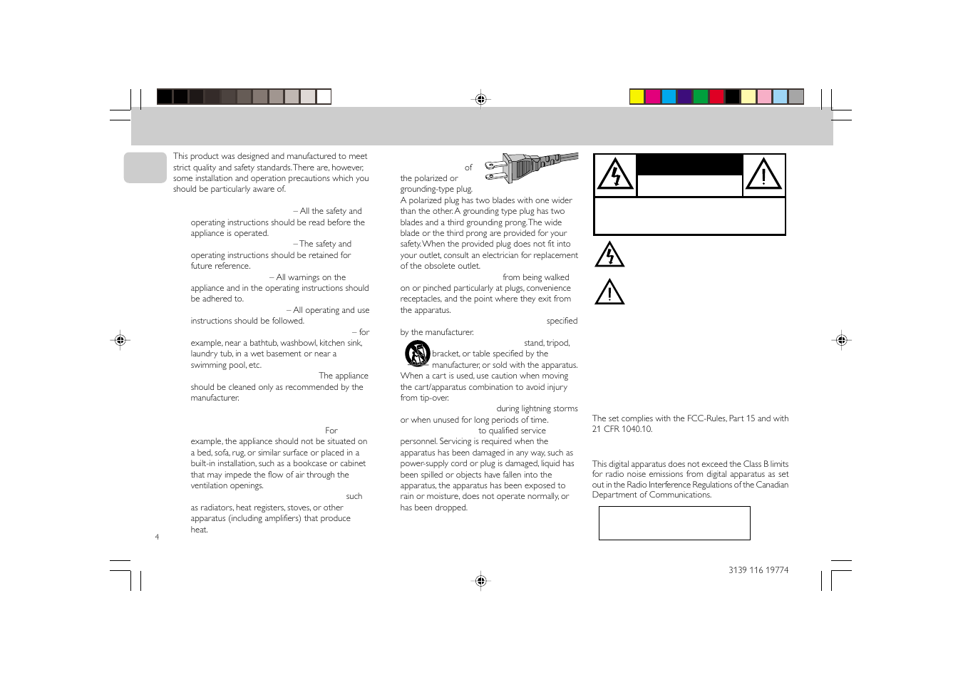Warning, Canada, Important safety instructions | Caution | Philips FW-D5D User Manual | Page 4 / 43