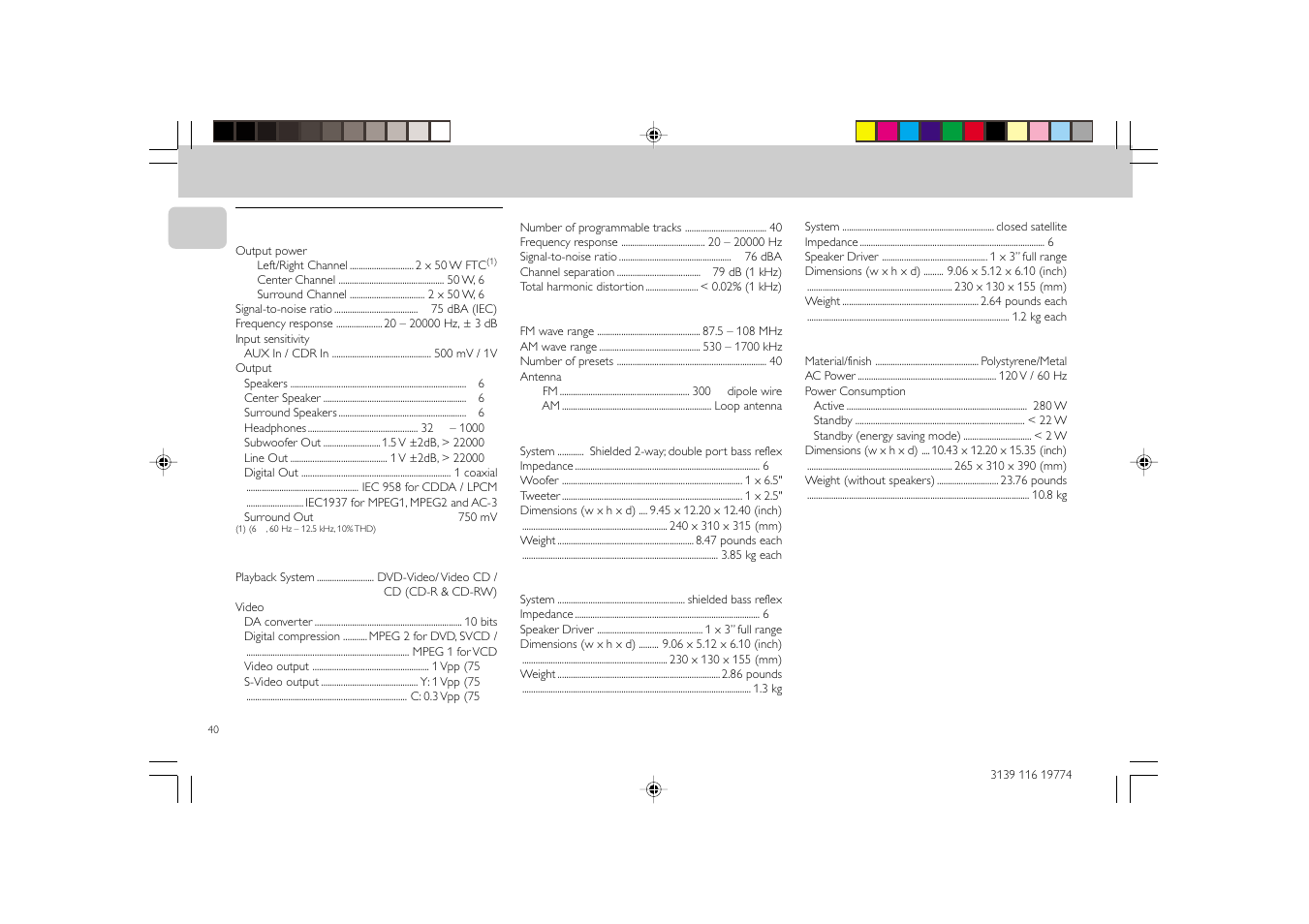 Specifications | Philips FW-D5D User Manual | Page 40 / 43