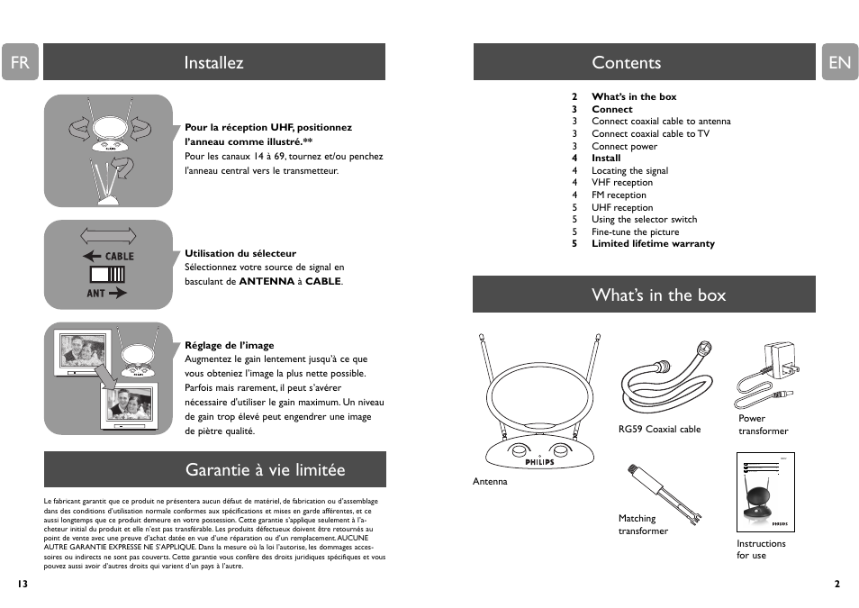 Installez garantie à vie limitée, Contents what’s in the box | Philips MNT410F User Manual | Page 2 / 7