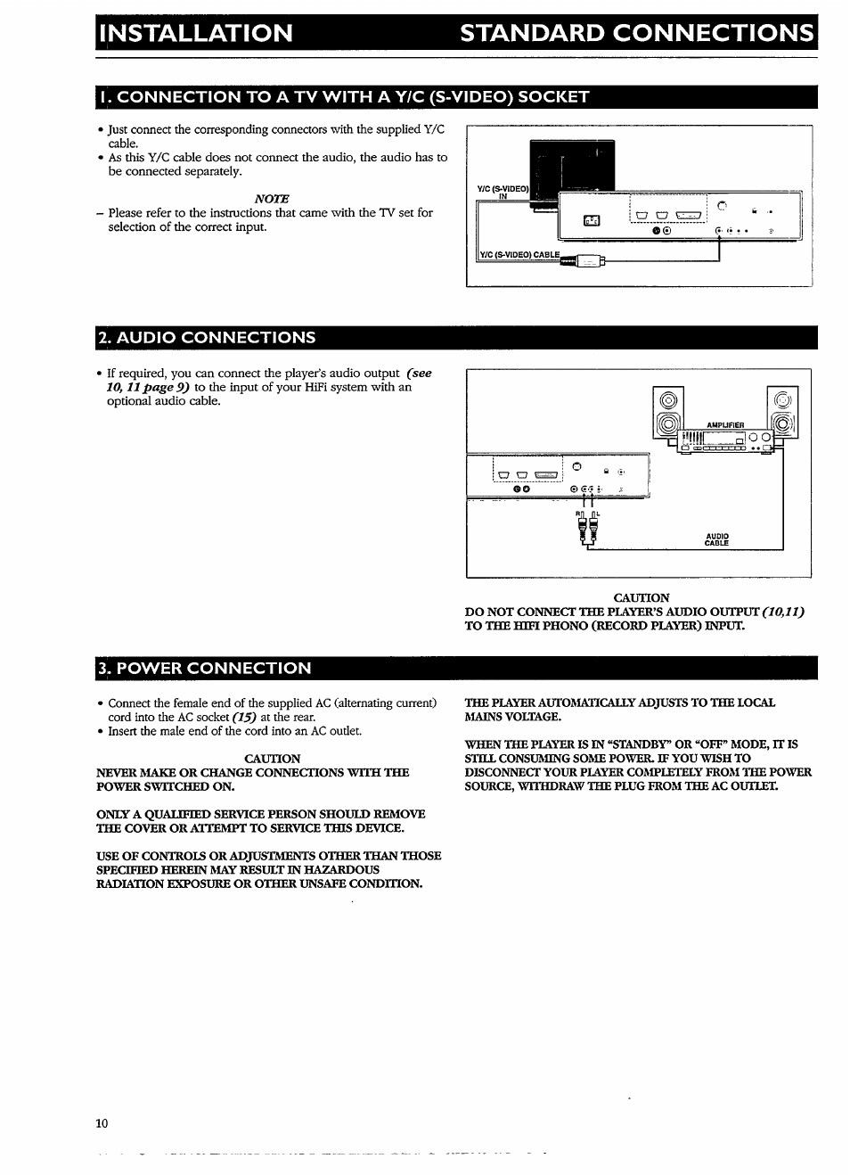 I . connection to a tv with a y/c (s-video) socket, Audio connections, Power connection | Installation standard connections | Philips CDI 615 User Manual | Page 10 / 24