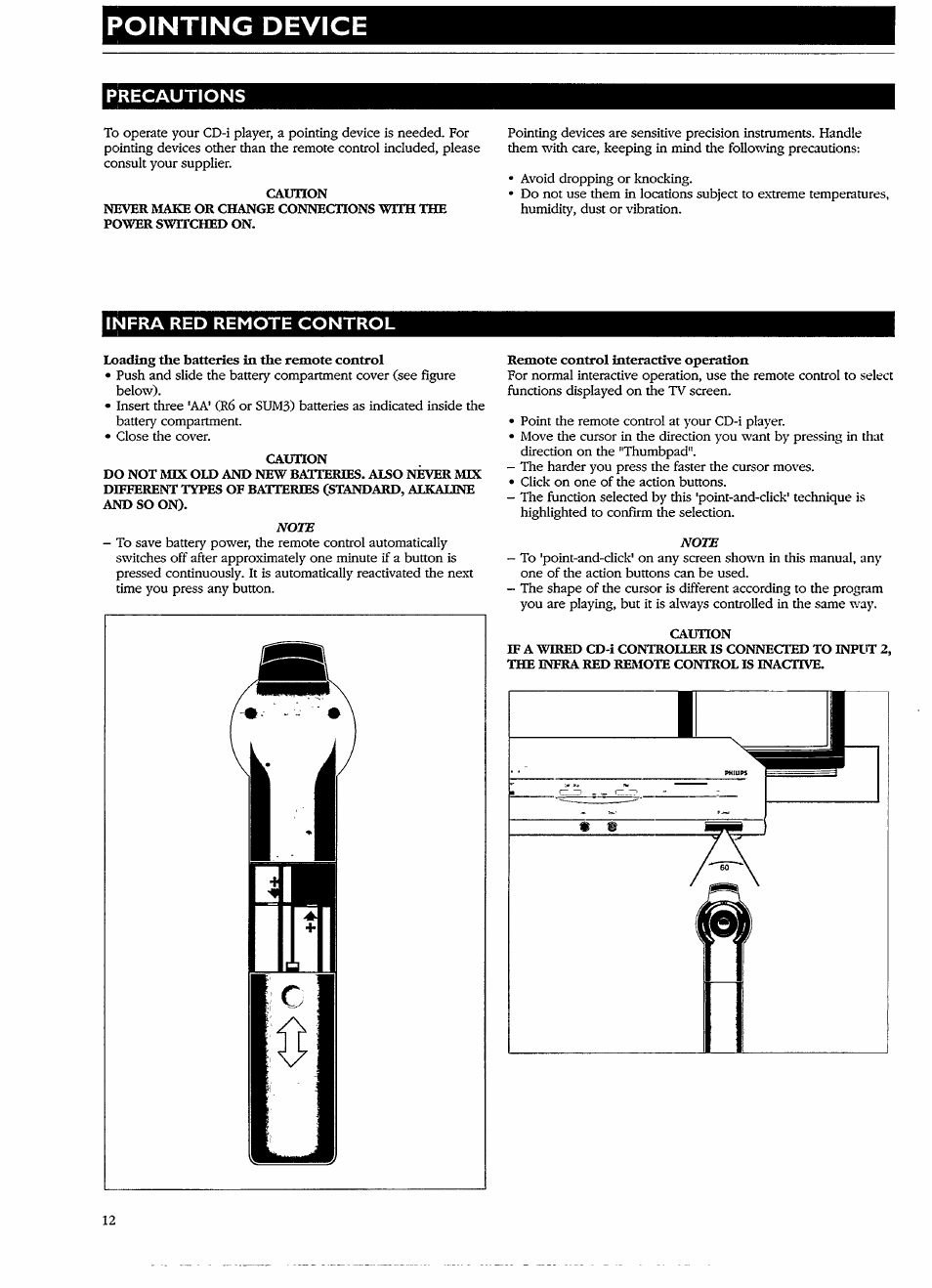 Pointing device, Precautions, Infra red remote control | Philips CDI 615 User Manual | Page 12 / 24