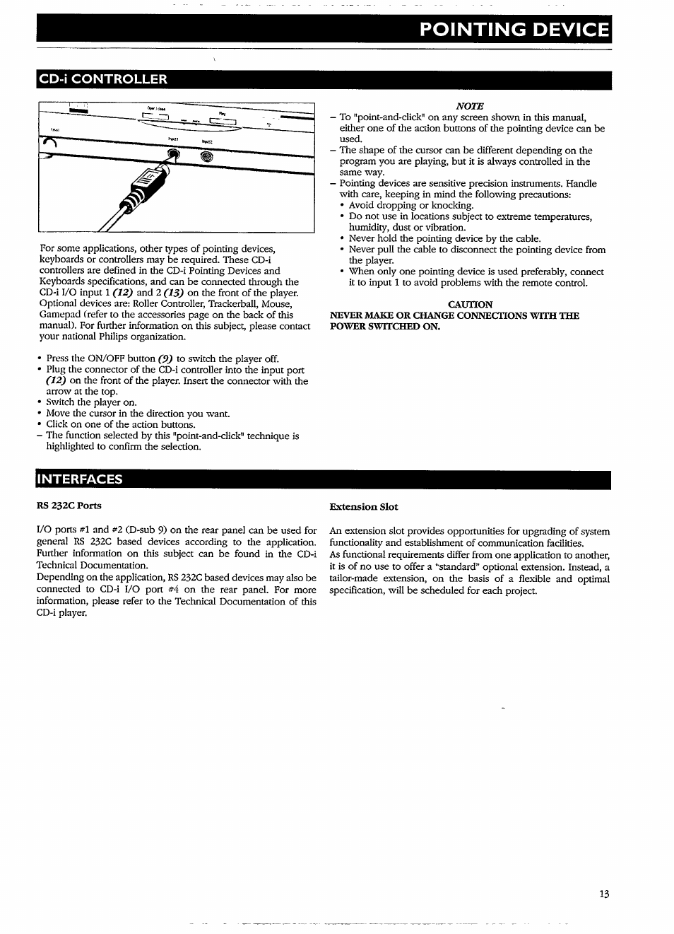 Pointing device, Cd-i controller, Interfaces | Philips CDI 615 User Manual | Page 13 / 24