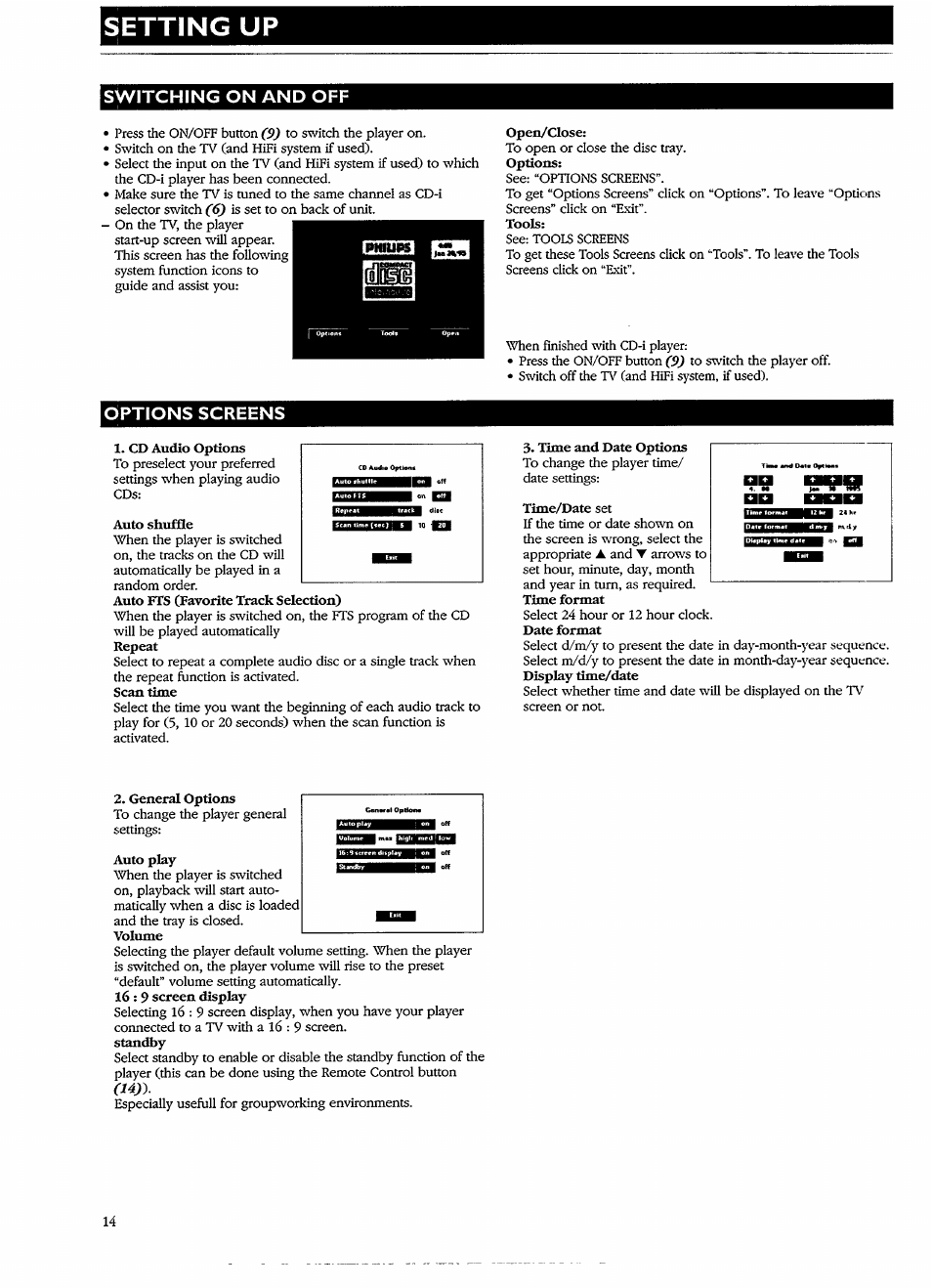 Setting up, Switching on and off, Options screens | Mm gai | Philips CDI 615 User Manual | Page 14 / 24