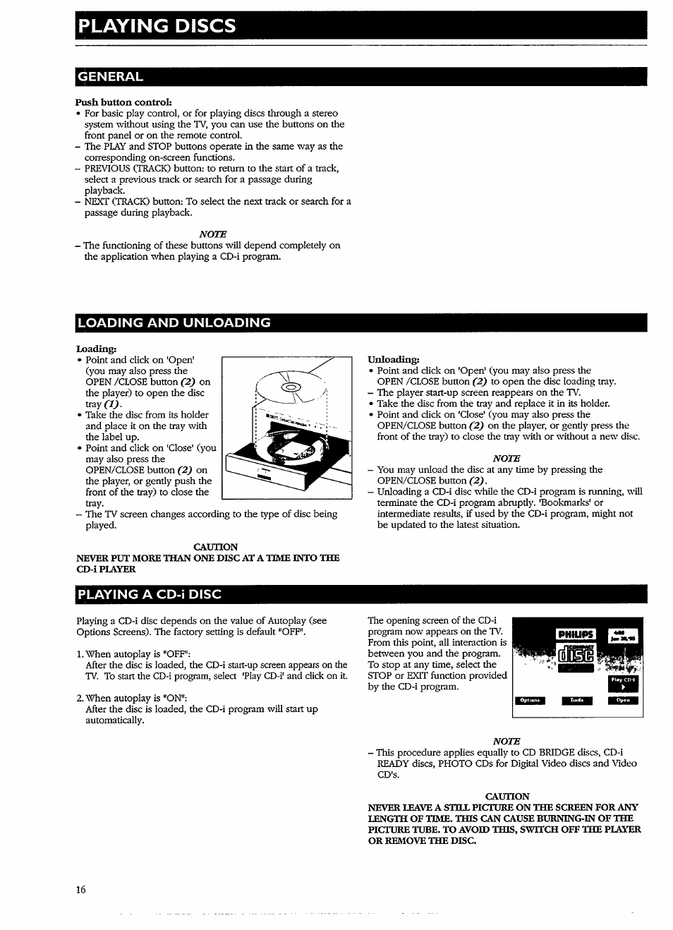 General, Loading and unloading, Playing a cd-i disc | Playing discs | Philips CDI 615 User Manual | Page 16 / 24
