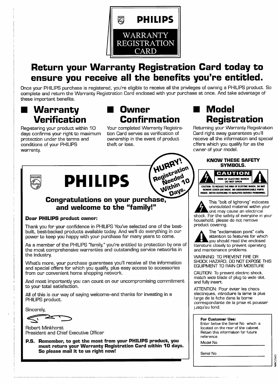 Philips, Warranty verification, Owner confirmation | Model registration, Warranty registration card, Purchas^ and welcome to the “family | Philips CDI 615 User Manual | Page 2 / 24