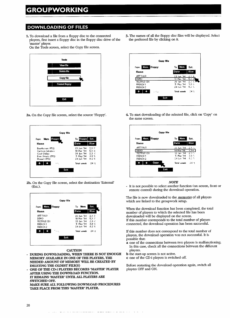 Downloading of files, Groupworking, Emem | Caunon | Philips CDI 615 User Manual | Page 20 / 24
