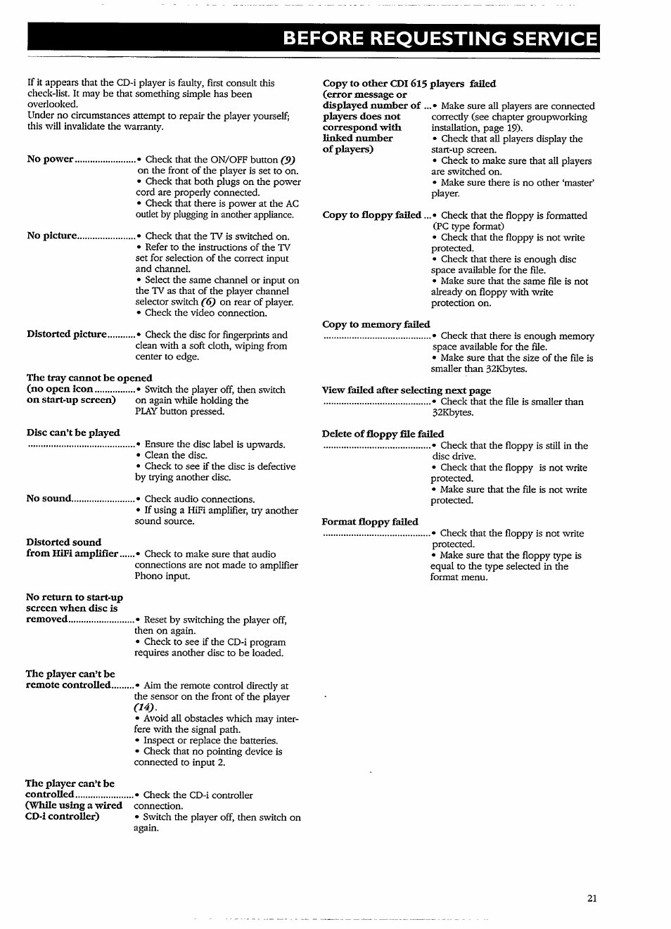 Before requesting service | Philips CDI 615 User Manual | Page 21 / 24