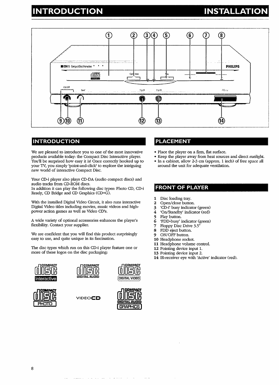 Introduction, Front of player, Èmìe | É§is, Introduction installation | Philips CDI 615 User Manual | Page 8 / 24