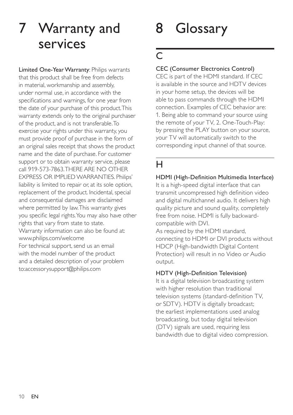 7 warranty and services, 8 glossary | Philips SWS3435S/27 User Manual | Page 10 / 12