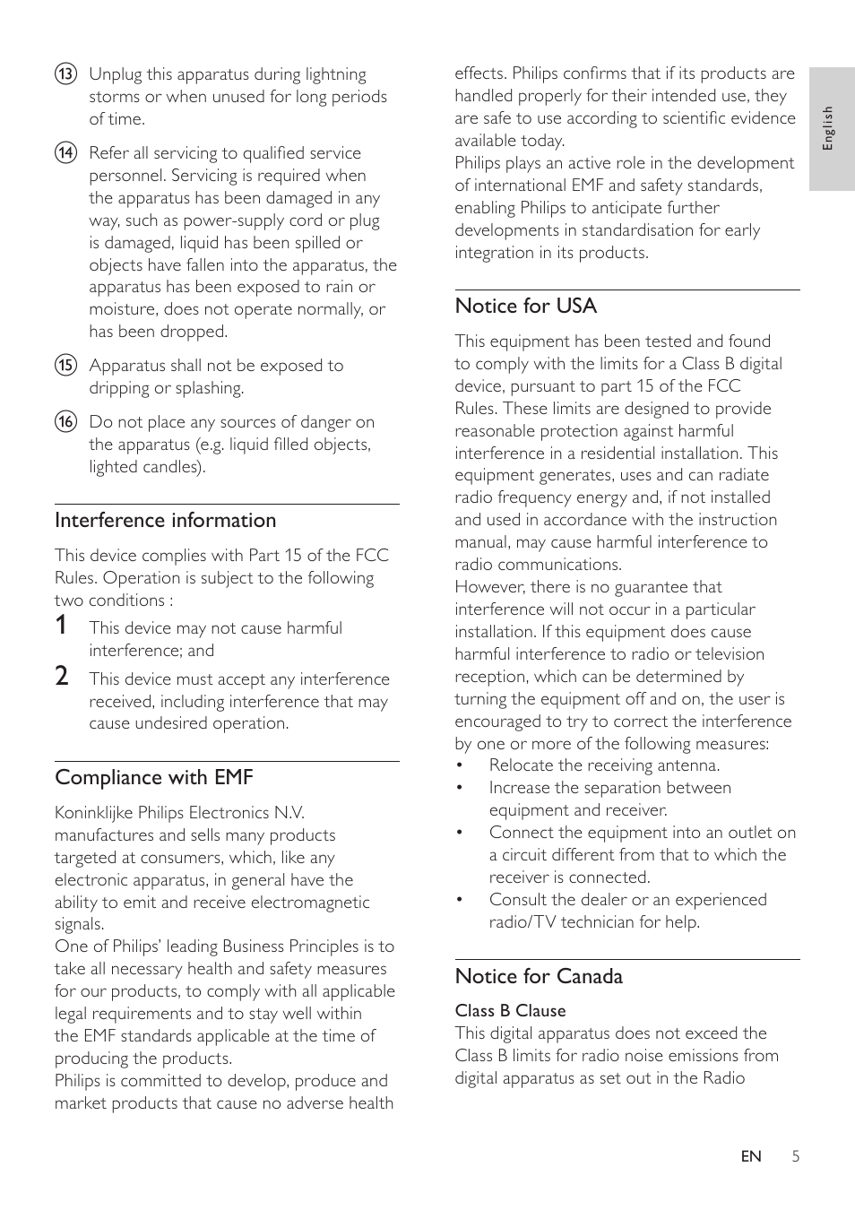 Interference information, Compliance with emf, Notice for usa | Notice for canada | Philips SWS3435S/27 User Manual | Page 5 / 12