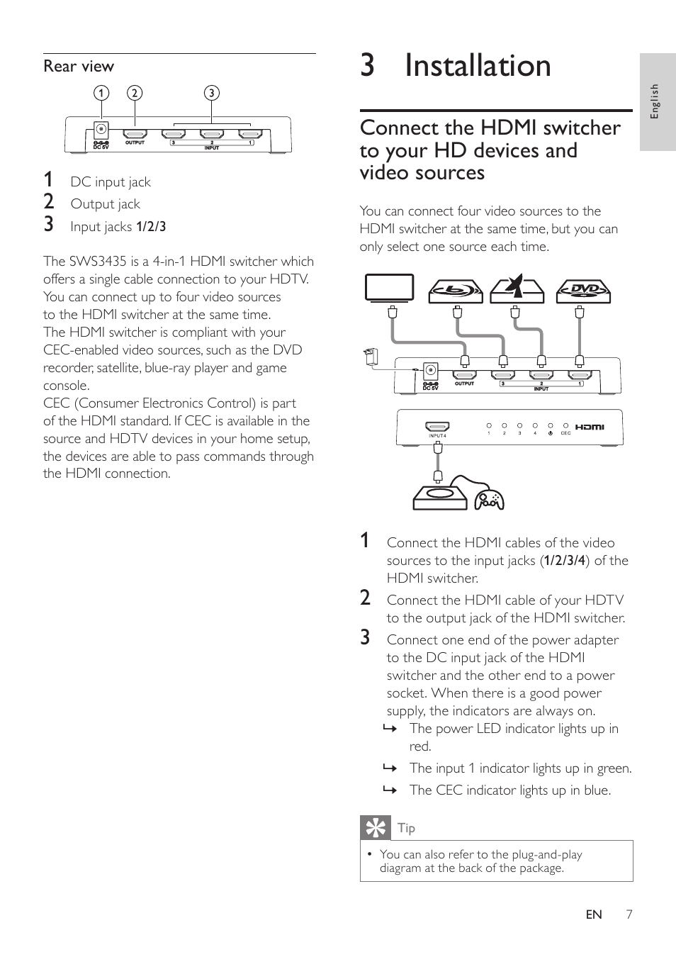 3 installation, Connect the hdmi switcher to your, Hd devices and video sources | Philips SWS3435S/27 User Manual | Page 7 / 12