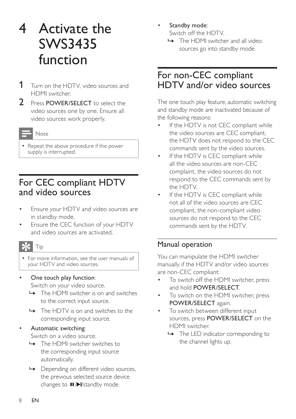 4 activate the sws3435s function, For cec compliant hdtv and video sources, For non-cec compliant hdtv and/or video sources | 4 activate the sws3435 function, For cec compliant hdtv and video, Sources, For non-cec compliant hdtv and/or, Video sources | Philips SWS3435S/27 User Manual | Page 8 / 12