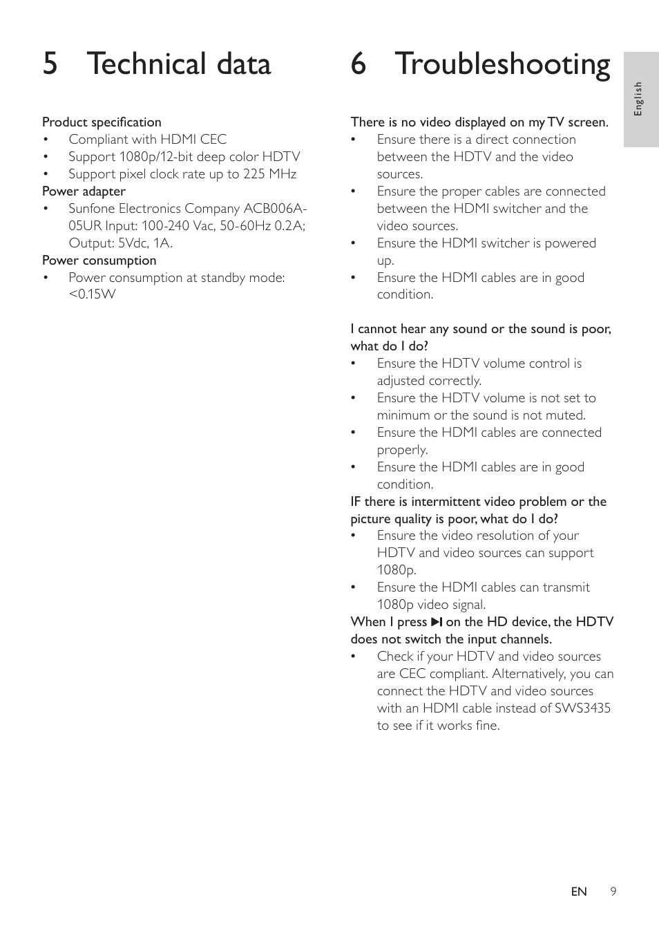 5 technical data, 6 troubleshooting | Philips SWS3435S/27 User Manual | Page 9 / 12