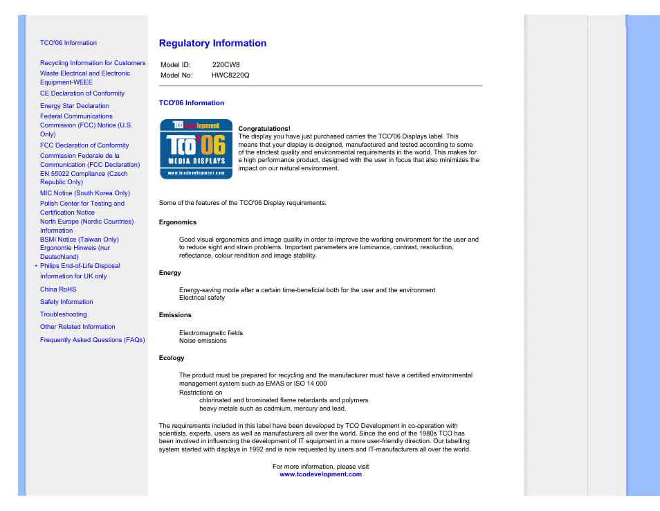 Regulatory information | Philips 220CW User Manual | Page 15 / 107