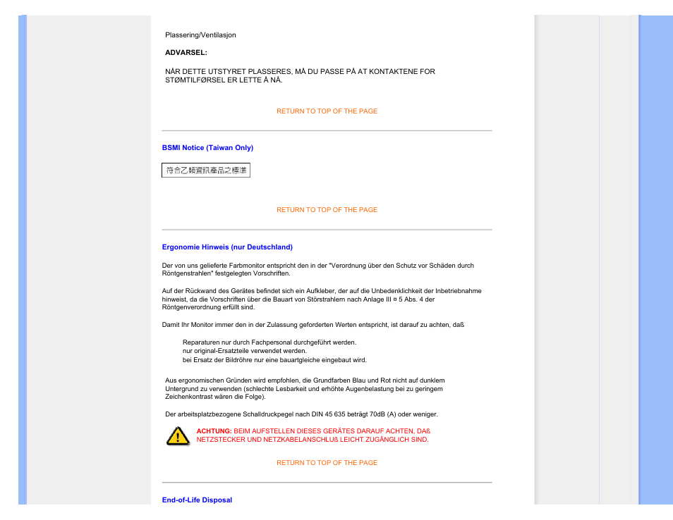 Ergonomie hinweis (nur deutschland) | Philips 220CW User Manual | Page 22 / 107