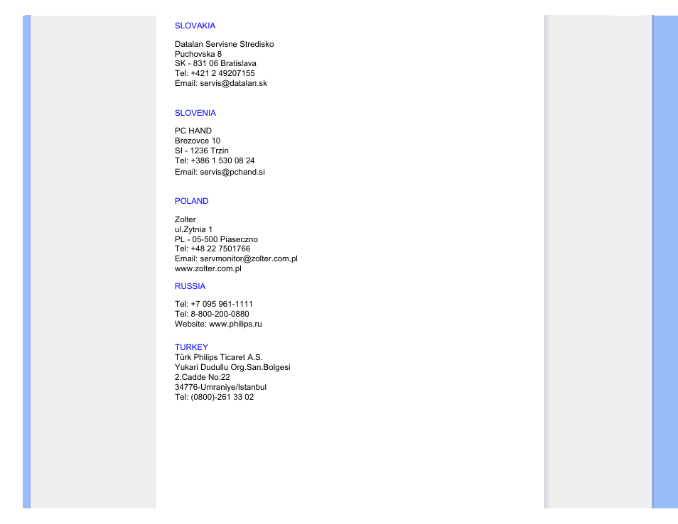 Russia, Slovakia, Slovenia | Turkey | Philips 220CW User Manual | Page 83 / 107