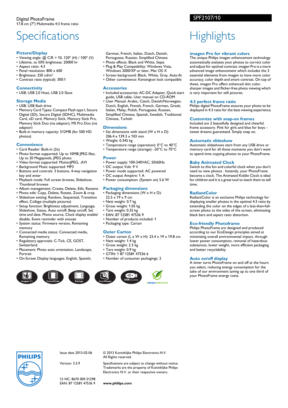 Specifications, Highlights | Philips SPF2107/10 User Manual | Page 2 / 2
