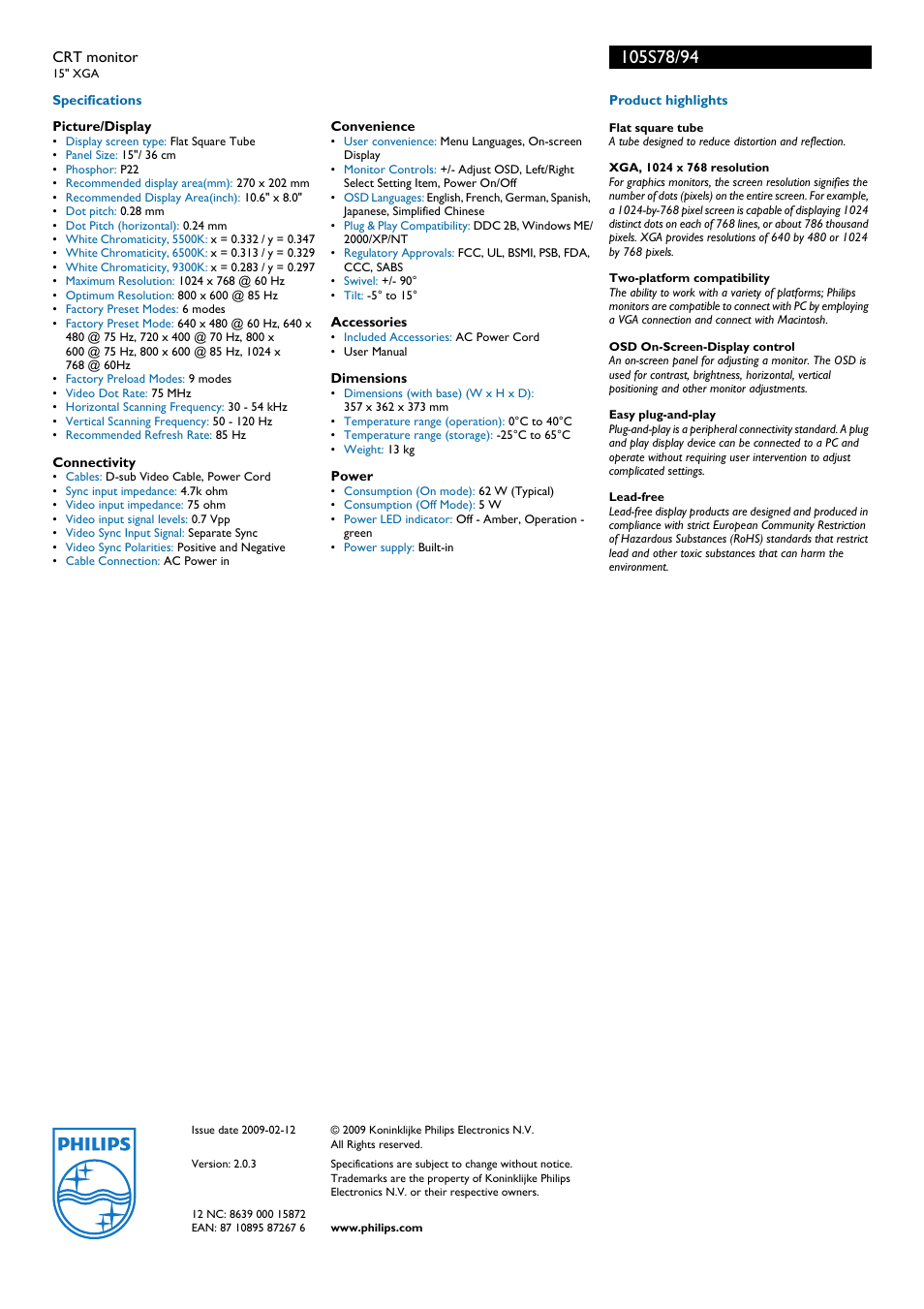 Philips 105S78 User Manual | Page 2 / 2