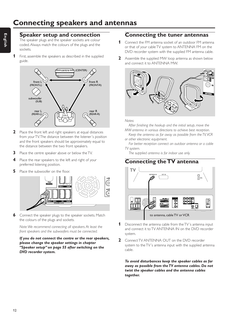 Connecting speakers and antennas, Speaker setup and connection, Connecting the tuner antennas | Connecting the tv antenna, Scan, Repeat and playback in r | Philips LX7500R User Manual | Page 12 / 70