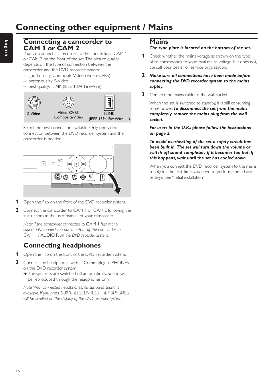 Connecting a camcorder to cam1 or cam2, Connecting headphones, Mains | Safe record, Connecting other equipment / mains, Connecting a camcorder to cam 1 or cam 2 | Philips LX7500R User Manual | Page 16 / 70