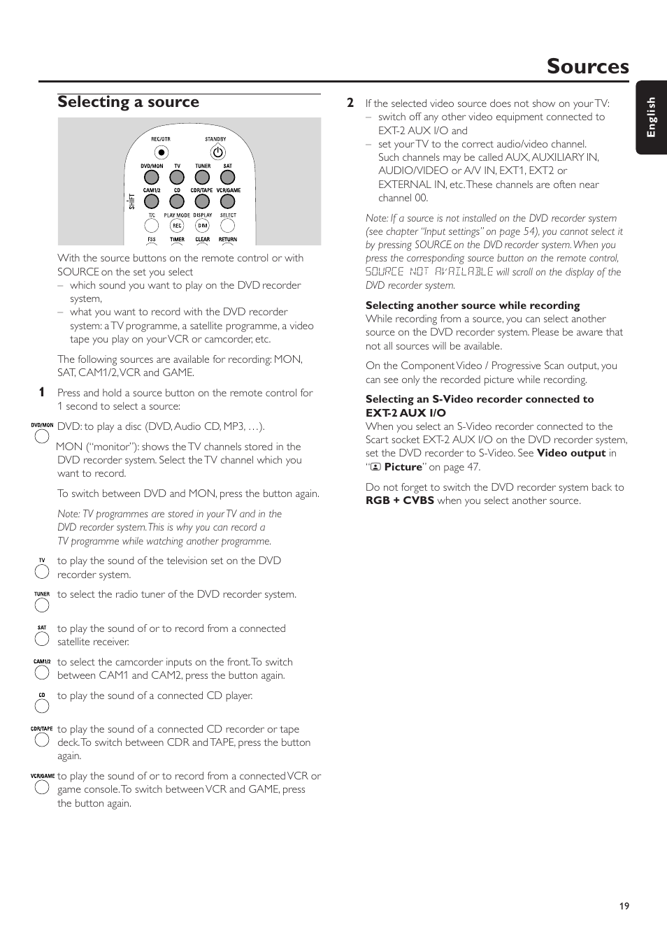 Sources, Selecting a source, Selecting another source while recording | Mains, Initial installation, Starting direct record | Philips LX7500R User Manual | Page 19 / 70