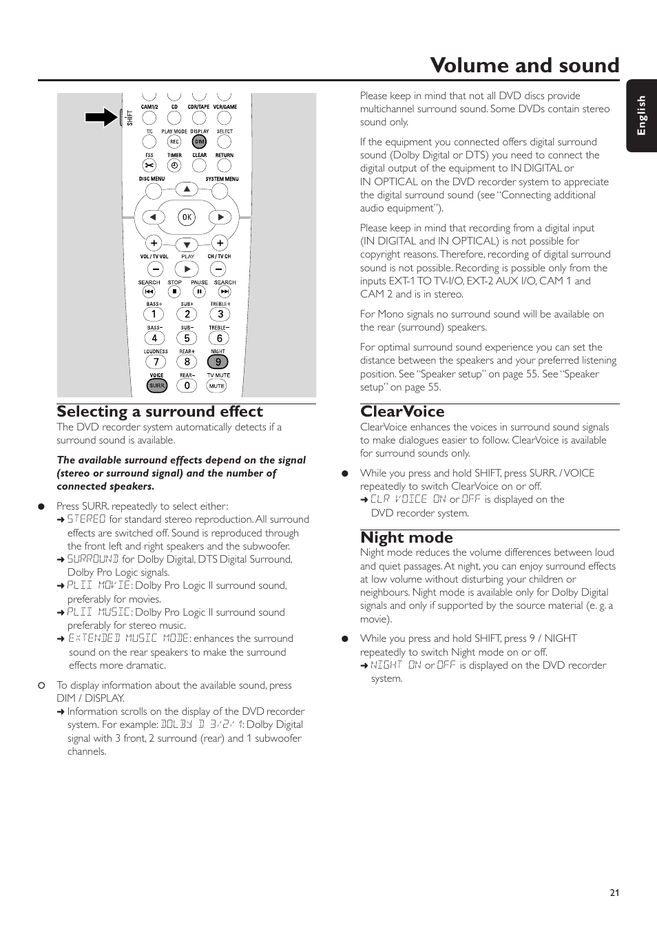 Selecting a surround effect, Clearvoice, Night mode | Volume and sound | Philips LX7500R User Manual | Page 21 / 70