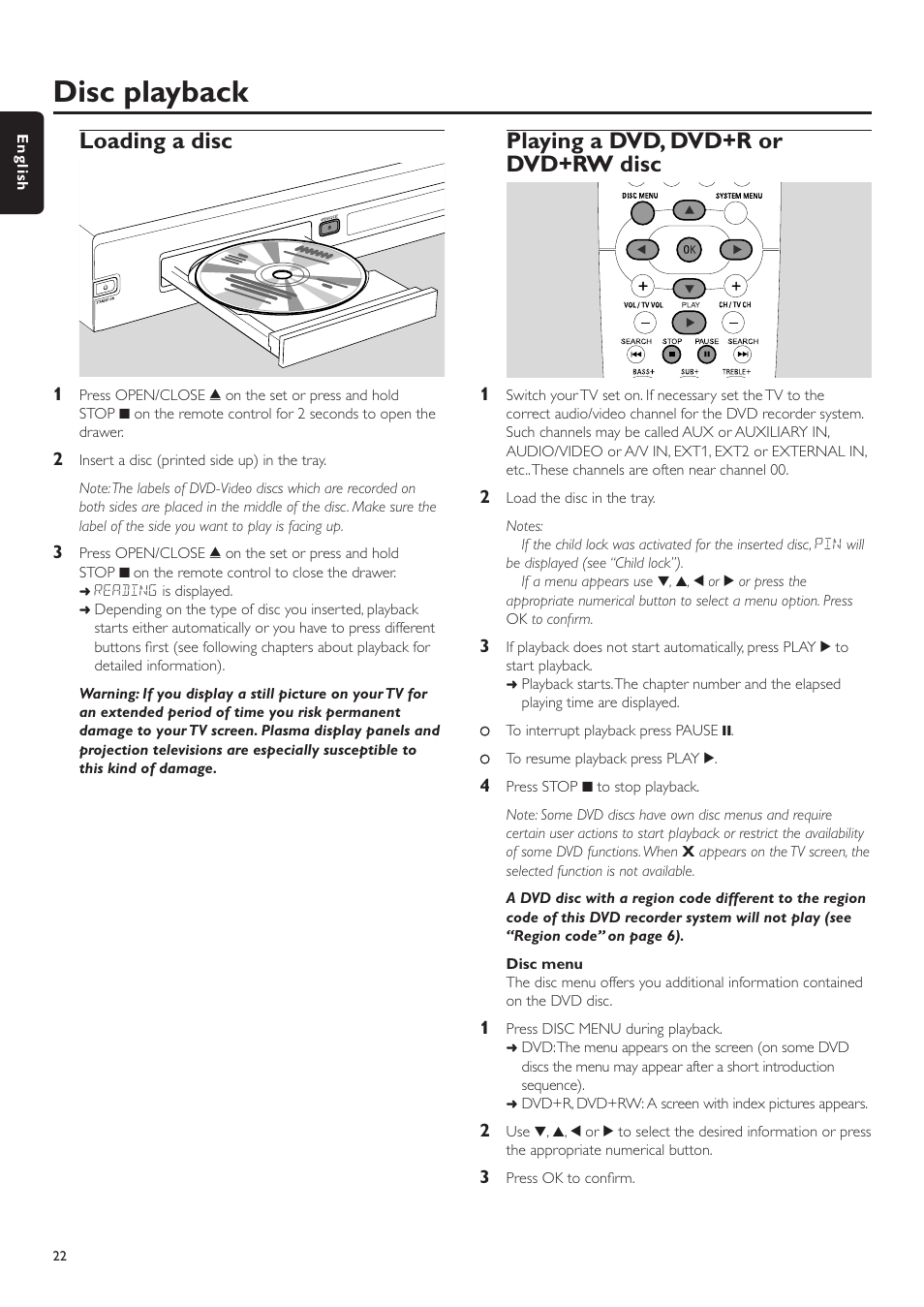 Disc playback, Loading a disc, Playing a dvd, dvd+r or dvd+rw disc | Disc menu | Philips LX7500R User Manual | Page 22 / 70