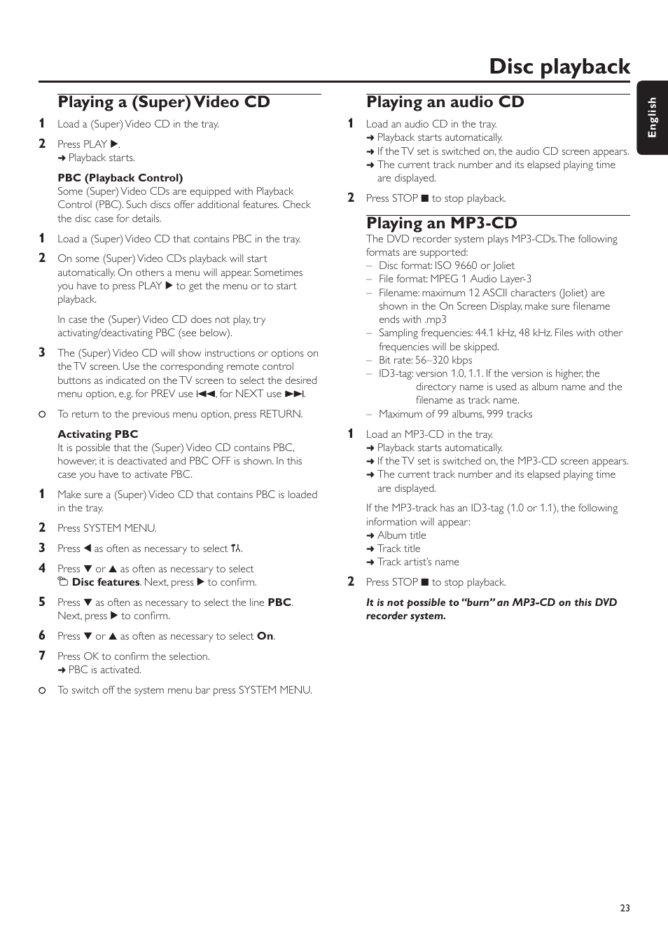 Playing a (super) video cd, Playing an audio cd, Playing an mp3-cd | Disc playback | Philips LX7500R User Manual | Page 23 / 70