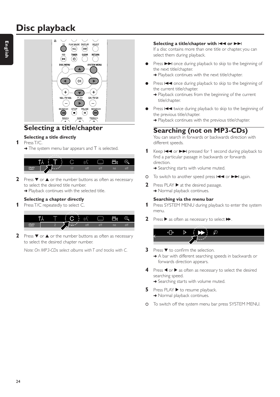 Selecting a title/chapter, Selecting a title directly, Selecting a chapter directly | Selecting a title/chapter with 4 or, Searching (not on mp3-cds), Searching via the menu bar, Disc playback | Philips LX7500R User Manual | Page 24 / 70