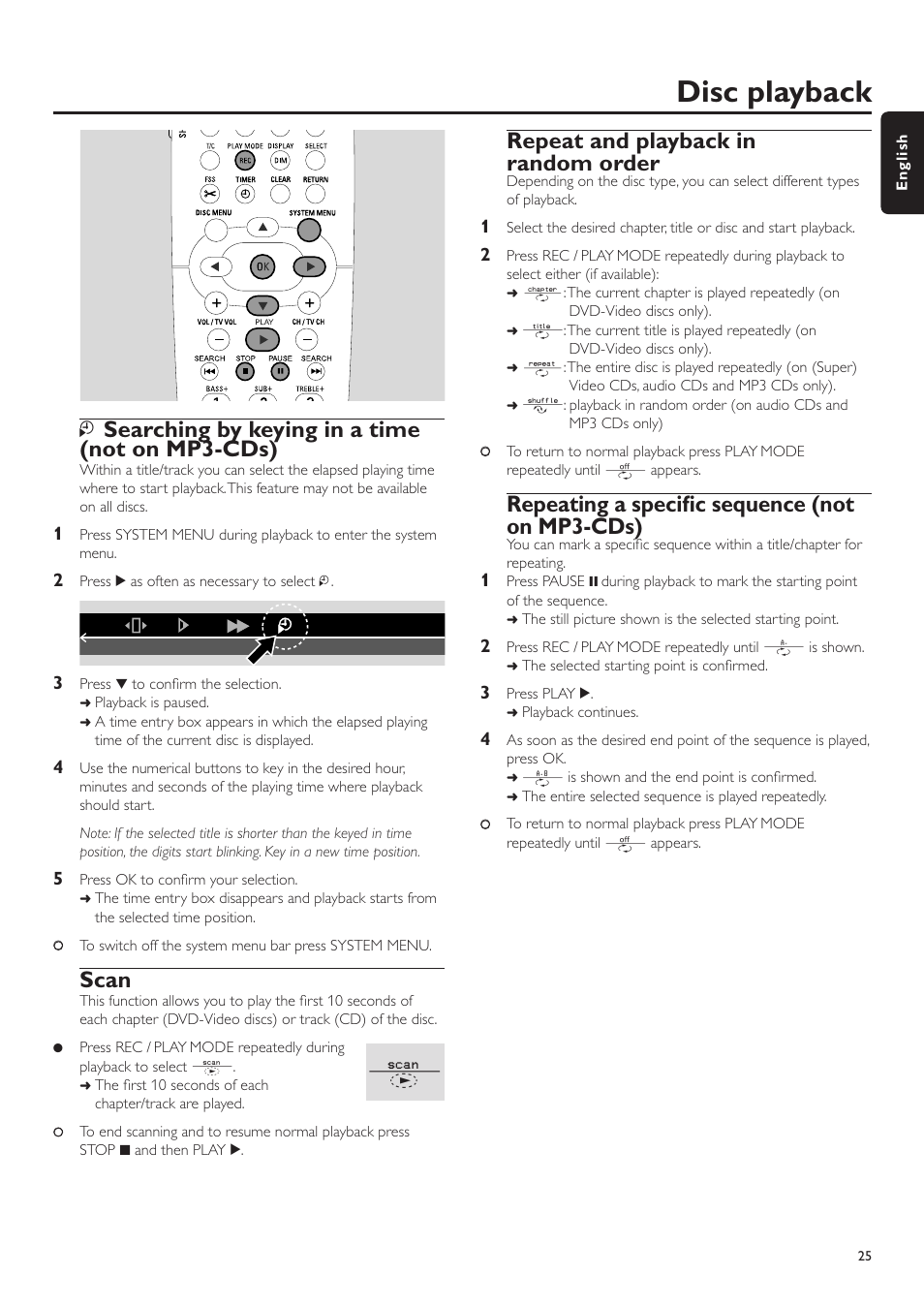 Searching by keying in a time (not on mp3-cds), Scan, Repeat and playback in random order | Repeating a specific sequence (not on mp3-cds), Disc playback, Lsearching by keying in a time (not on mp3-cds) | Philips LX7500R User Manual | Page 25 / 70
