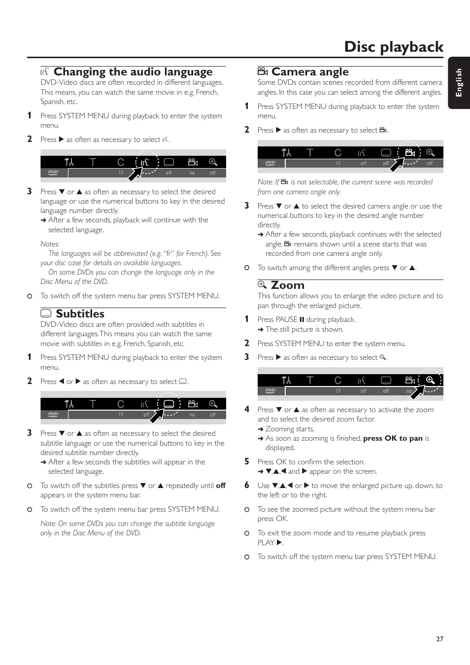 Changing the audio language, Subtitles, Camera angle | Zoom, Disc playback, Dchanging the audio language, Esubtitles, Fcamera angle, Gzoom | Philips LX7500R User Manual | Page 27 / 70