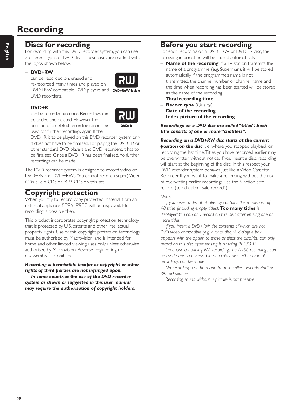 Recording, Discs for recording, Copyright protection | Before you start recording | Philips LX7500R User Manual | Page 28 / 70