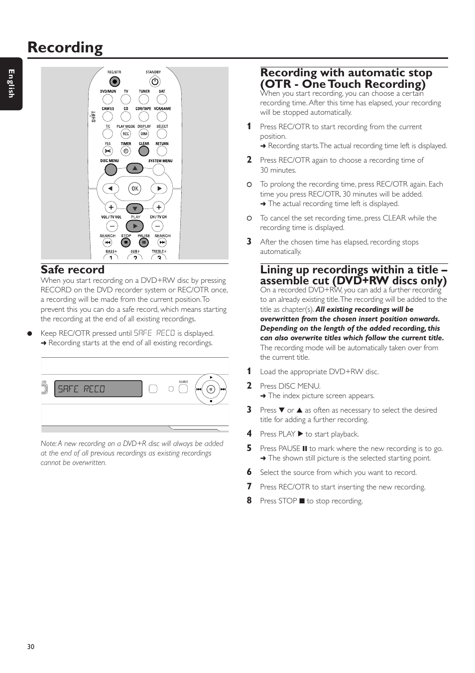 Safe record, Recording | Philips LX7500R User Manual | Page 30 / 70
