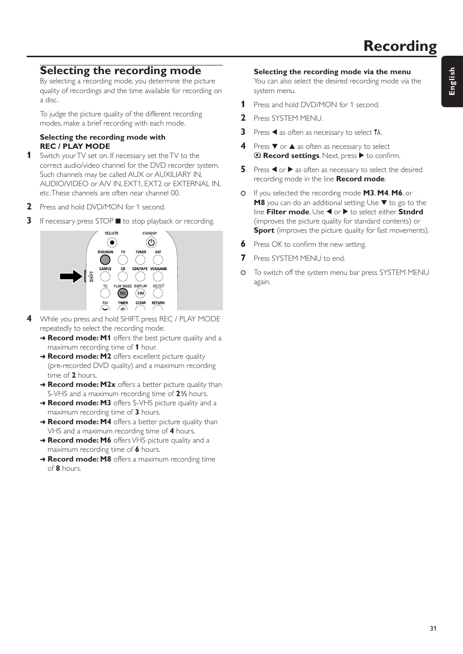 Selecting the recording mode, Selecting the recording mode with rec / play mode, Recording | Philips LX7500R User Manual | Page 31 / 70