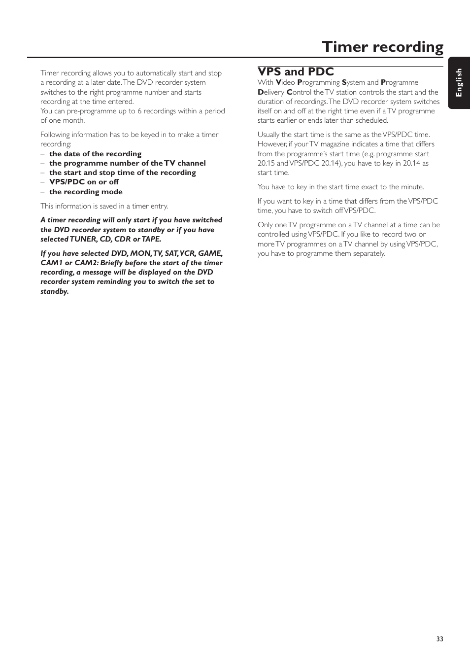 Timer recording, Vps and pdc | Philips LX7500R User Manual | Page 33 / 70