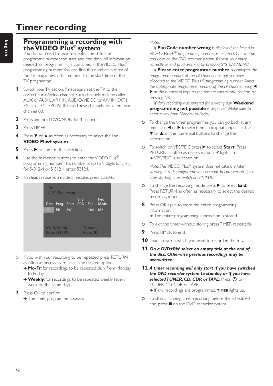 Timer recording, Programming a recording with the video plus, System | Philips LX7500R User Manual | Page 34 / 70